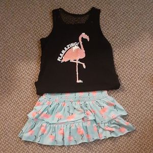 Girl's Justice Outfit size 8/10 has pink flamingo. Blk/blue/pink. Super Cute!